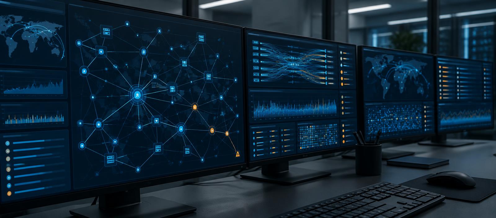 Monitoreo de redes con conexiones visualizadas, flujos de tráfico y datos de seguridad en múltiples pantallas